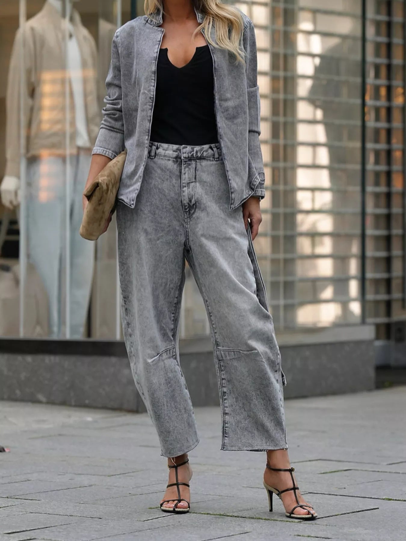 Long Sleeve Denim Top & Wide Leg Jeans Set – Casual 2 - Piece Outfit - ELC Fashion