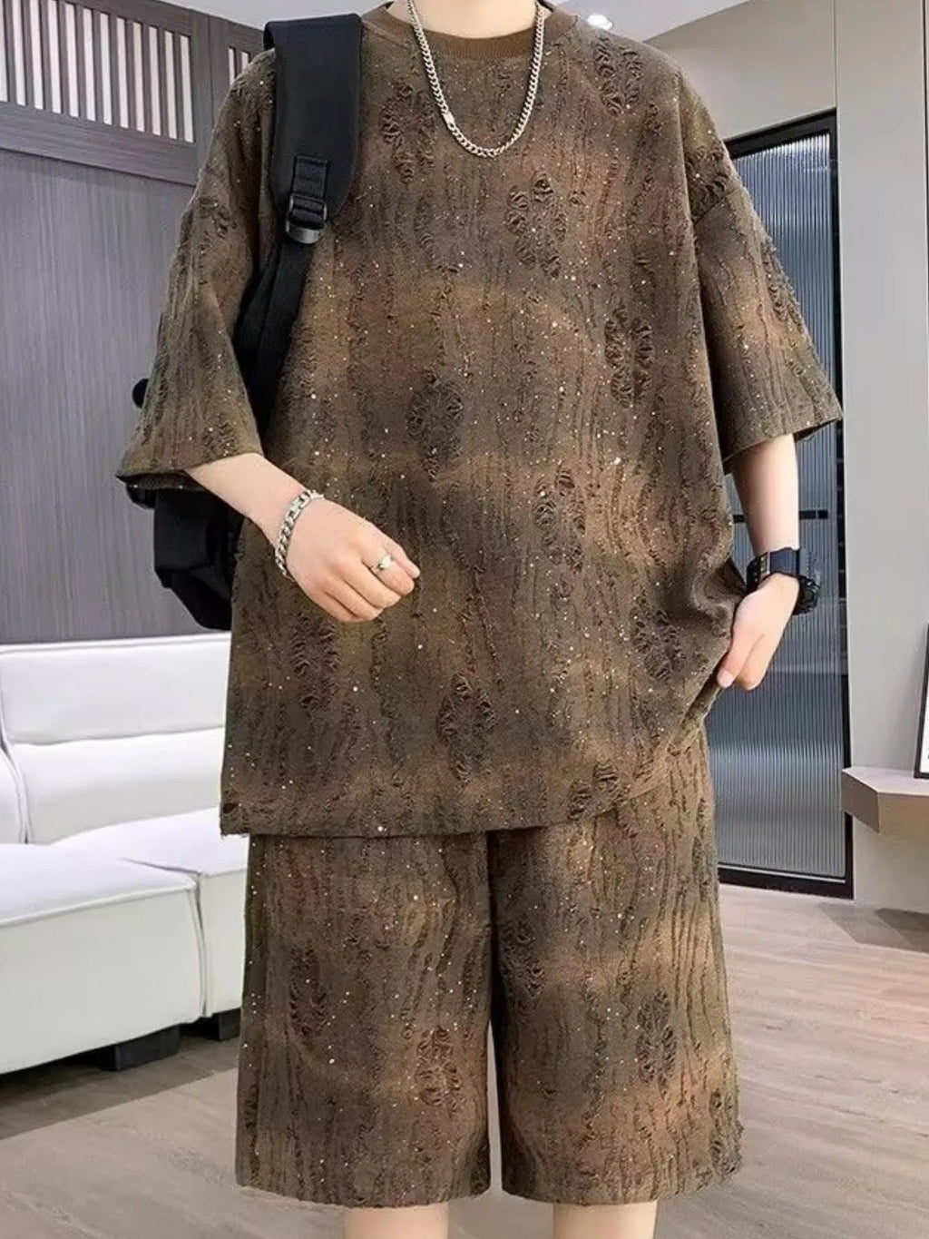Men's Full Size Round Neck Half Sleeve Top and Shorts Set Plus Size - ELC Fashion