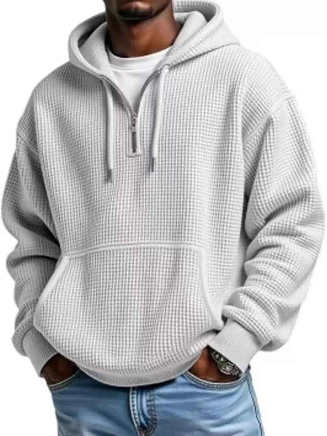 Men's Full Size Textured Waffle Knit Half - Zip Hoodie Plus Size - ELC Fashion