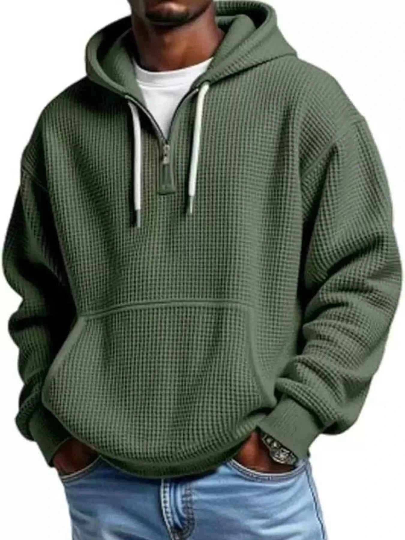 Men's Full Size Textured Waffle Knit Half - Zip Hoodie Plus Size - ELC Fashion