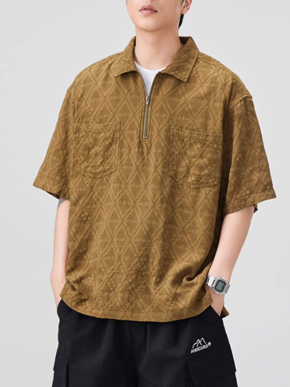 Men's Plus Size Geometric Pattern Half - Zip Top with Chest Pockets - ELC Fashion