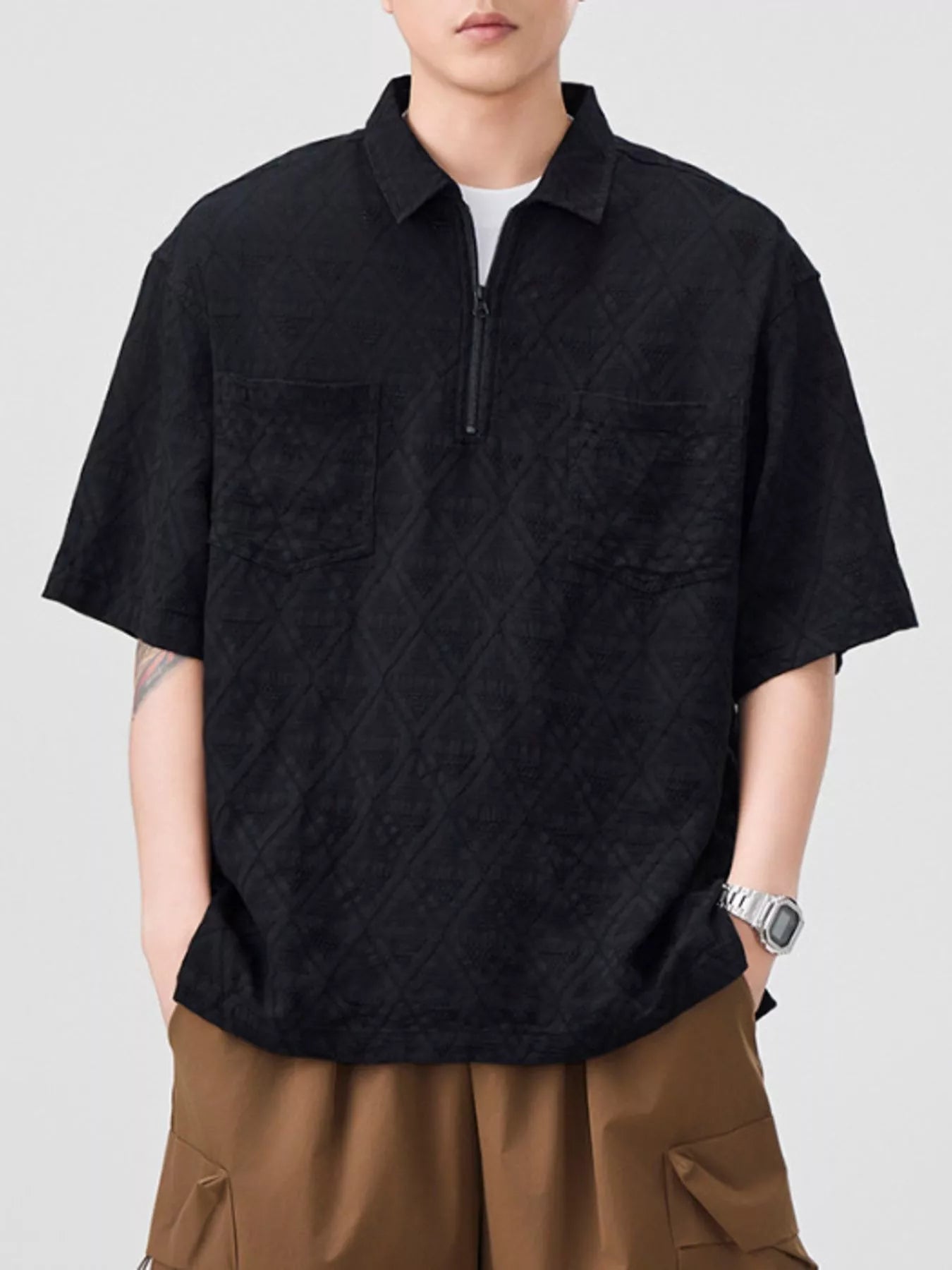 Men's Plus Size Geometric Pattern Half - Zip Top with Chest Pockets - ELC Fashion