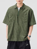 Men's Plus Size Geometric Pattern Half - Zip Top with Chest Pockets - ELC Fashion