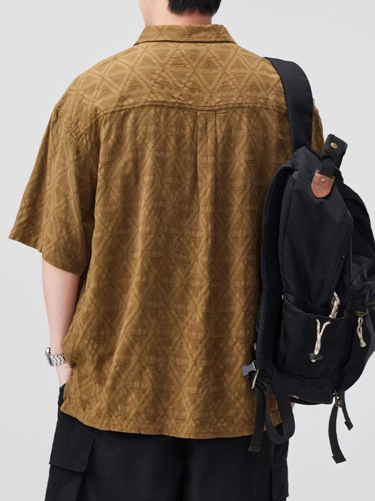 Men's Plus Size Geometric Pattern Half - Zip Top with Chest Pockets - ELC Fashion