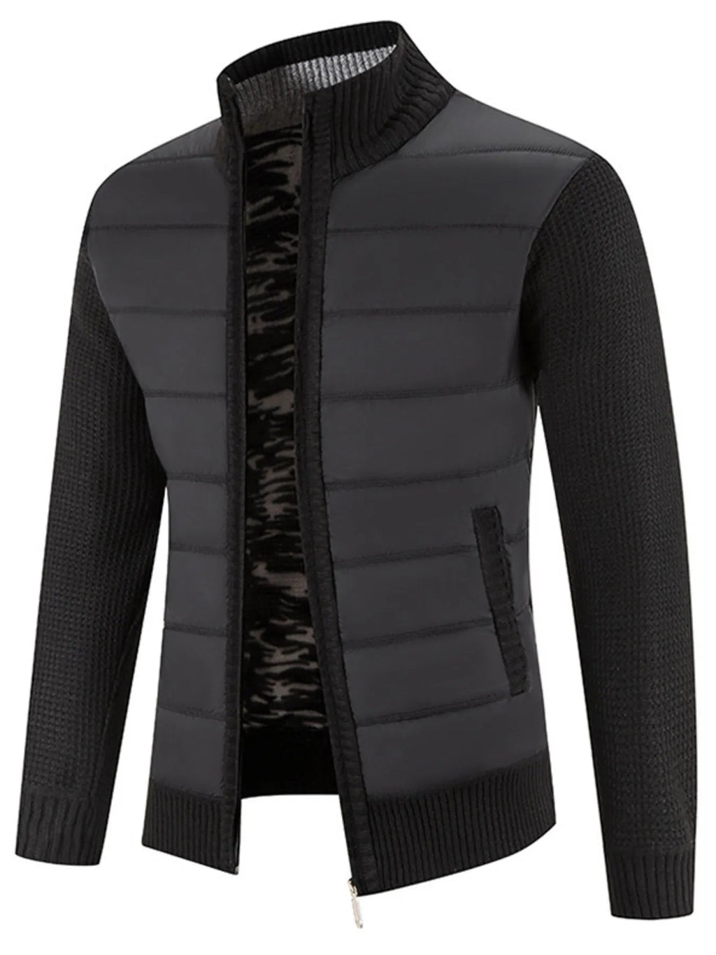 Men's Plus Size Quilted Knit Bomber Jacket with Stand Collar - ELC Fashion
