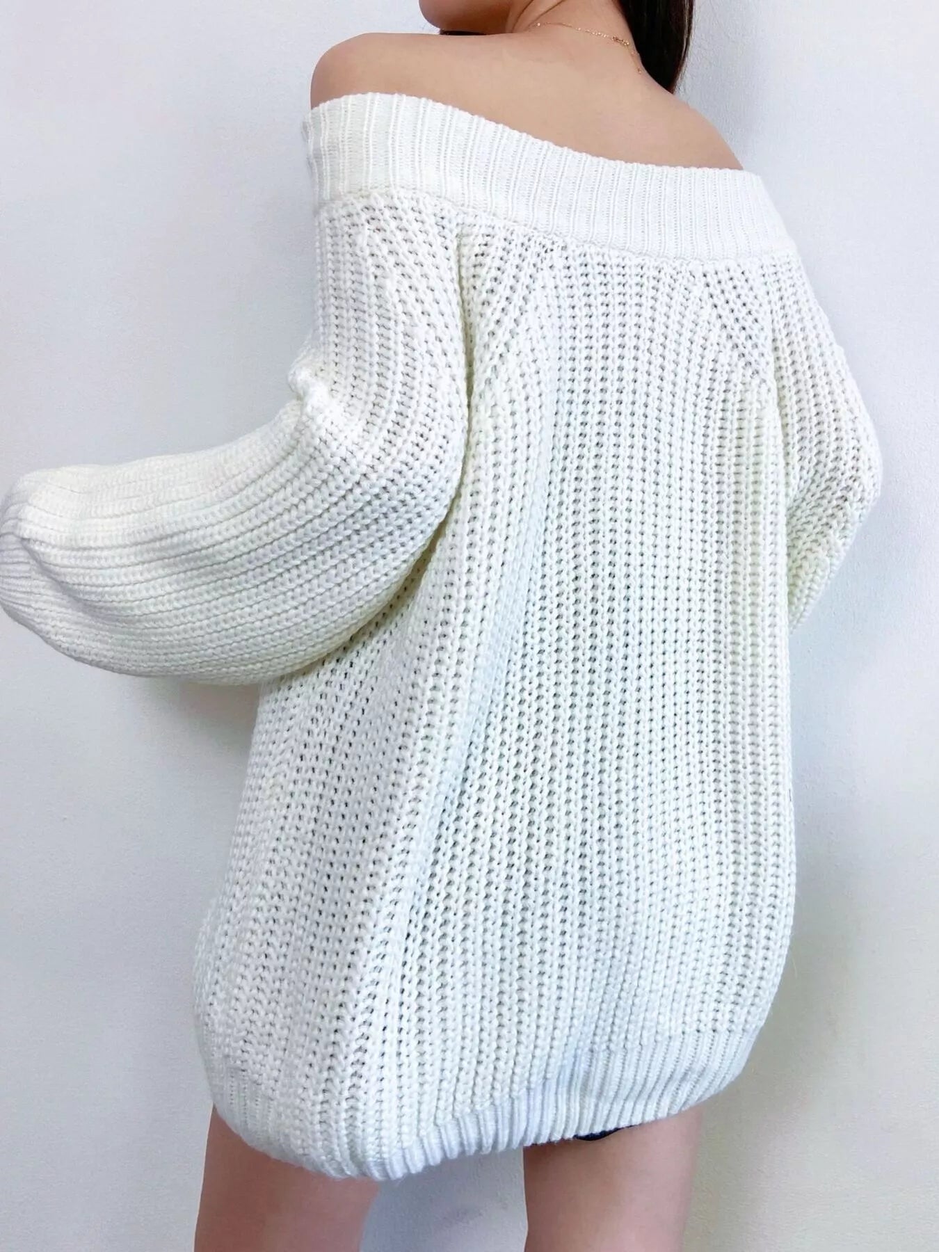 Off - Shoulder Chunky Knit Sweater - ELC Fashion
