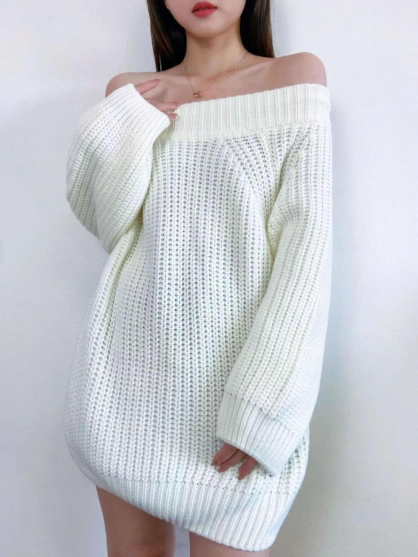 Off - Shoulder Chunky Knit Sweater - ELC Fashion