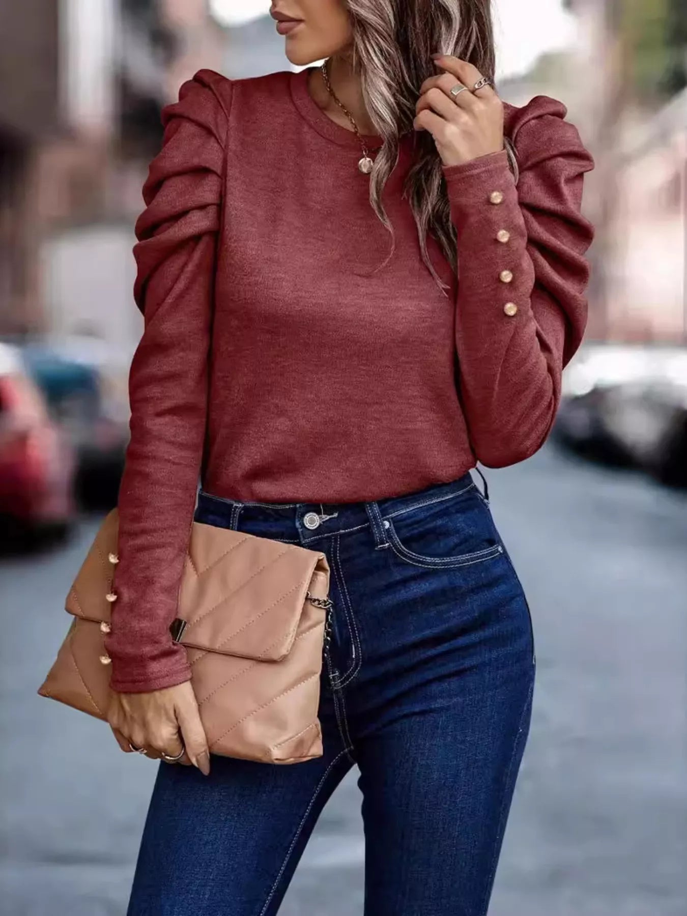 Puff Sleeve Round Neck T-Shirt - ELC Fashion