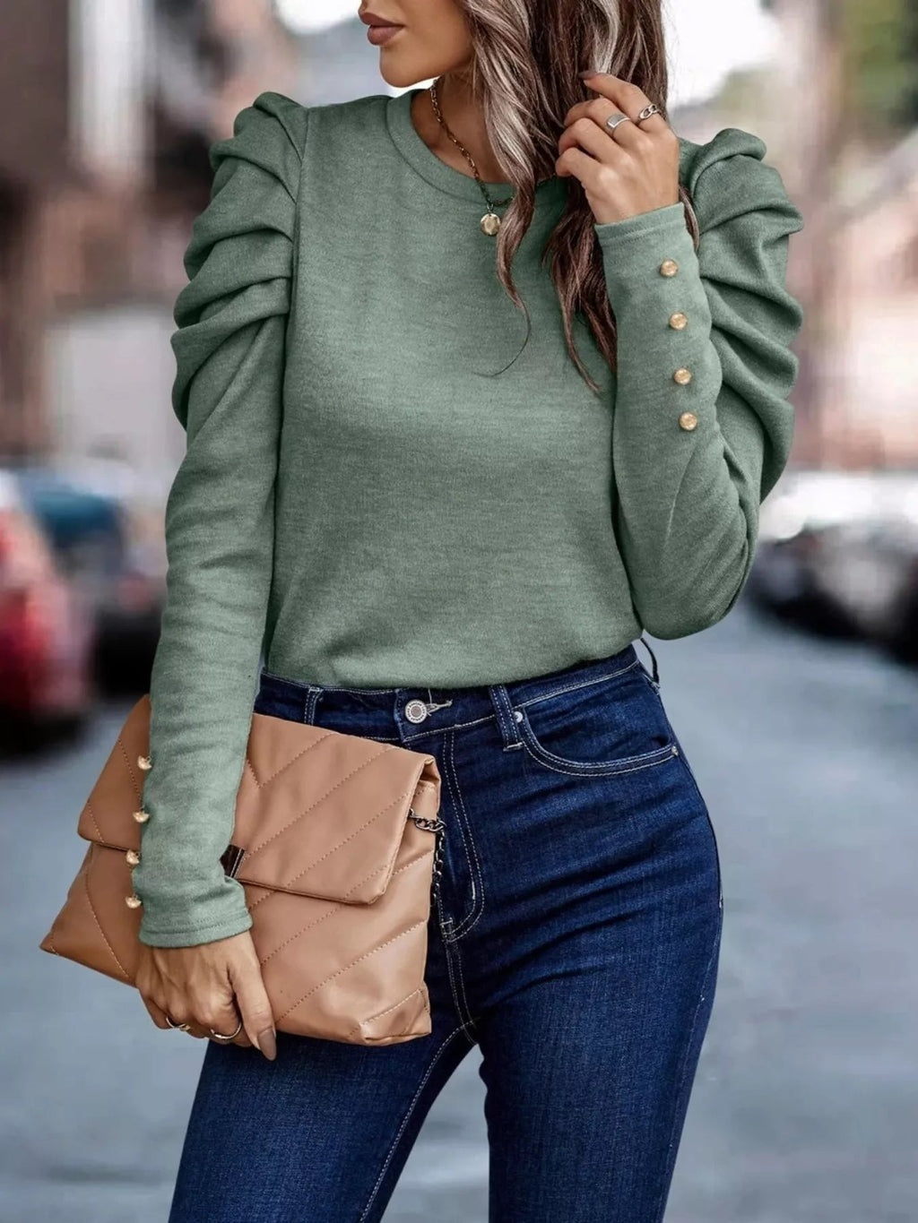 Puff Sleeve Round Neck T-Shirt - ELC Fashion