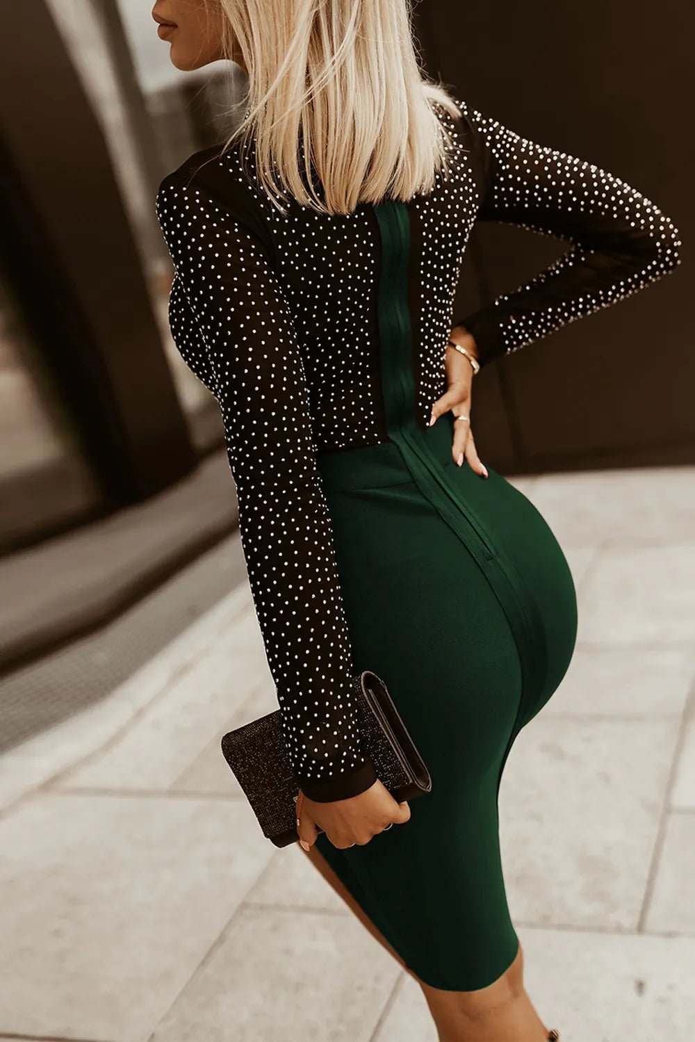 Rhinestone Mock Neck Long Sleeve Dress - ELC Fashion