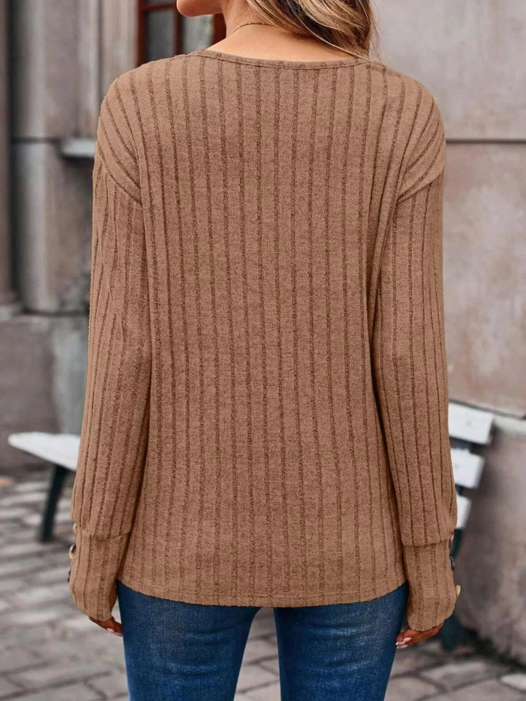 Ribbed V - Neck Long Sleeve Top - ELC Fashion