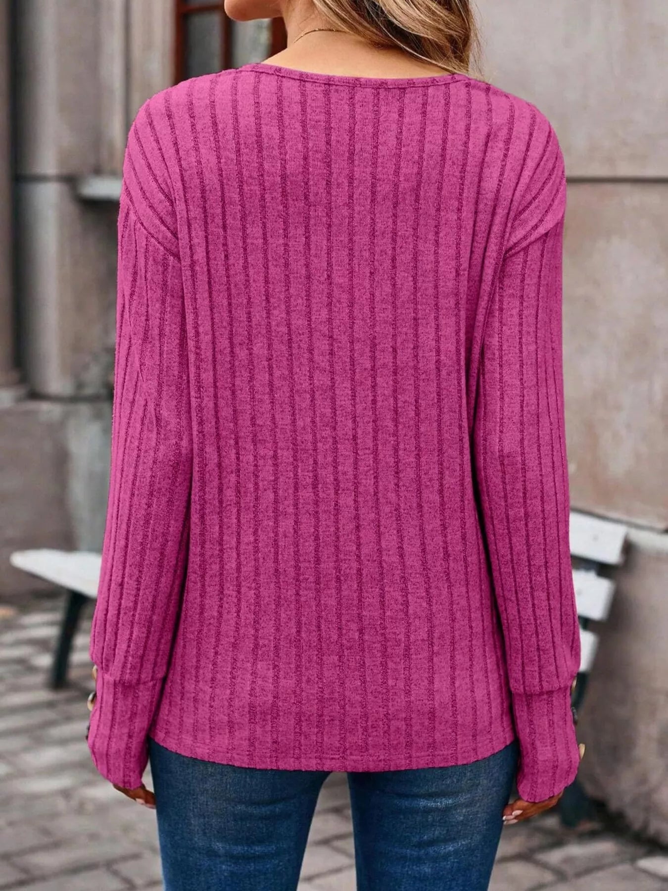 Ribbed V - Neck Long Sleeve Top - ELC Fashion
