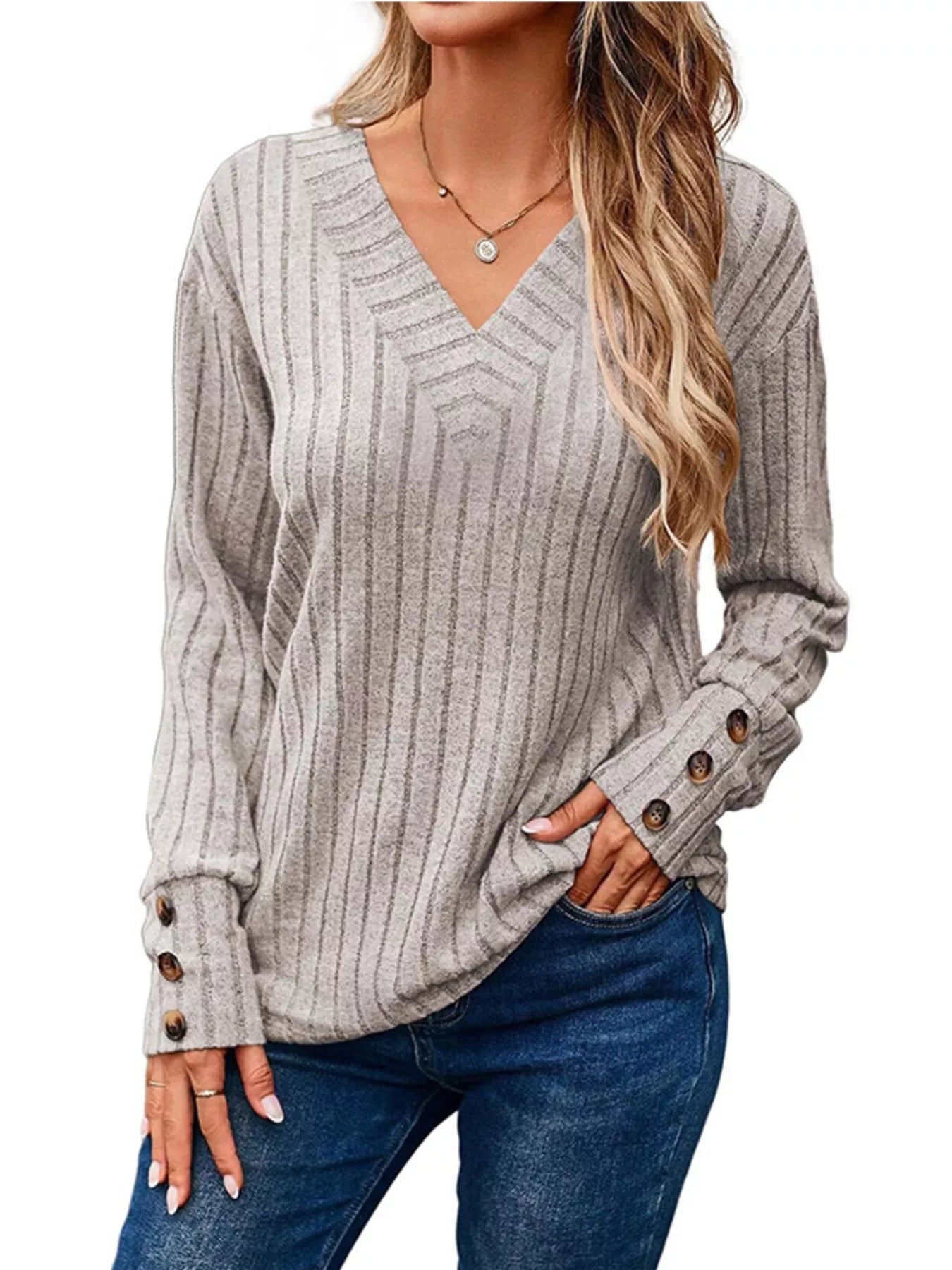 Ribbed V - Neck Long Sleeve Top - ELC Fashion