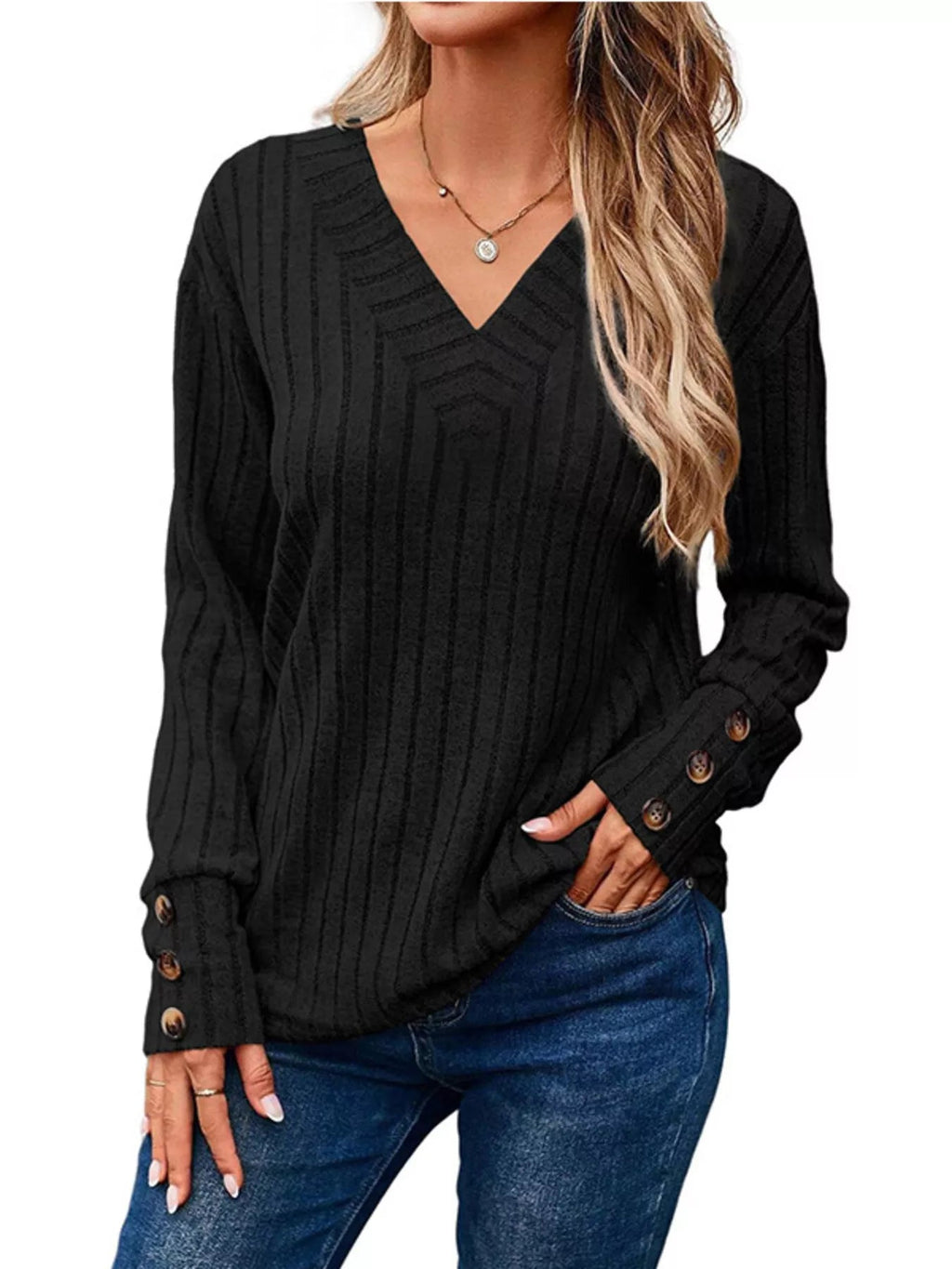 Ribbed V - Neck Long Sleeve Top - ELC Fashion
