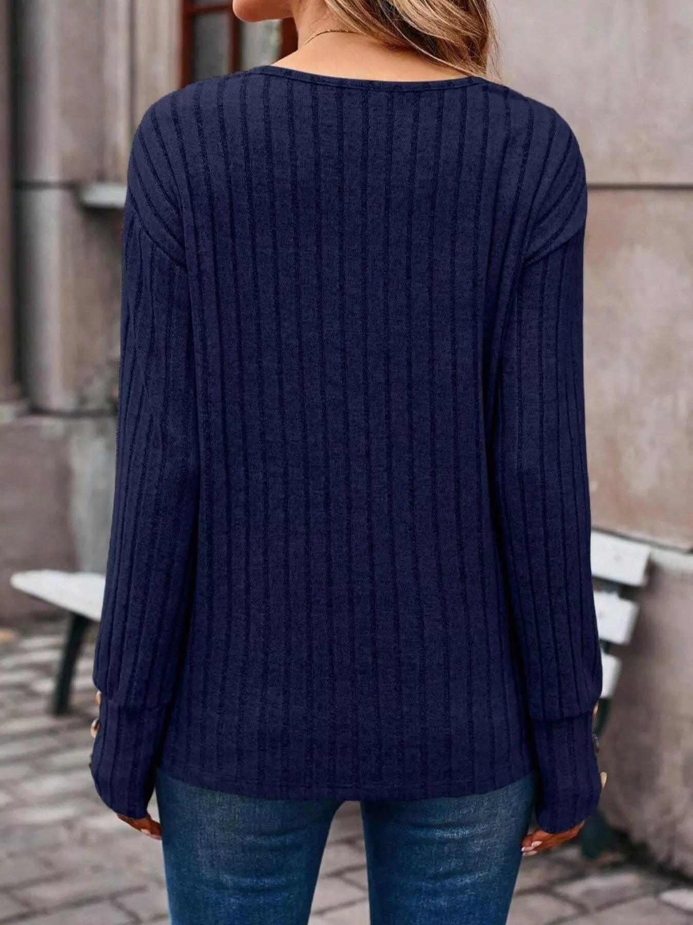Ribbed V - Neck Long Sleeve Top - ELC Fashion