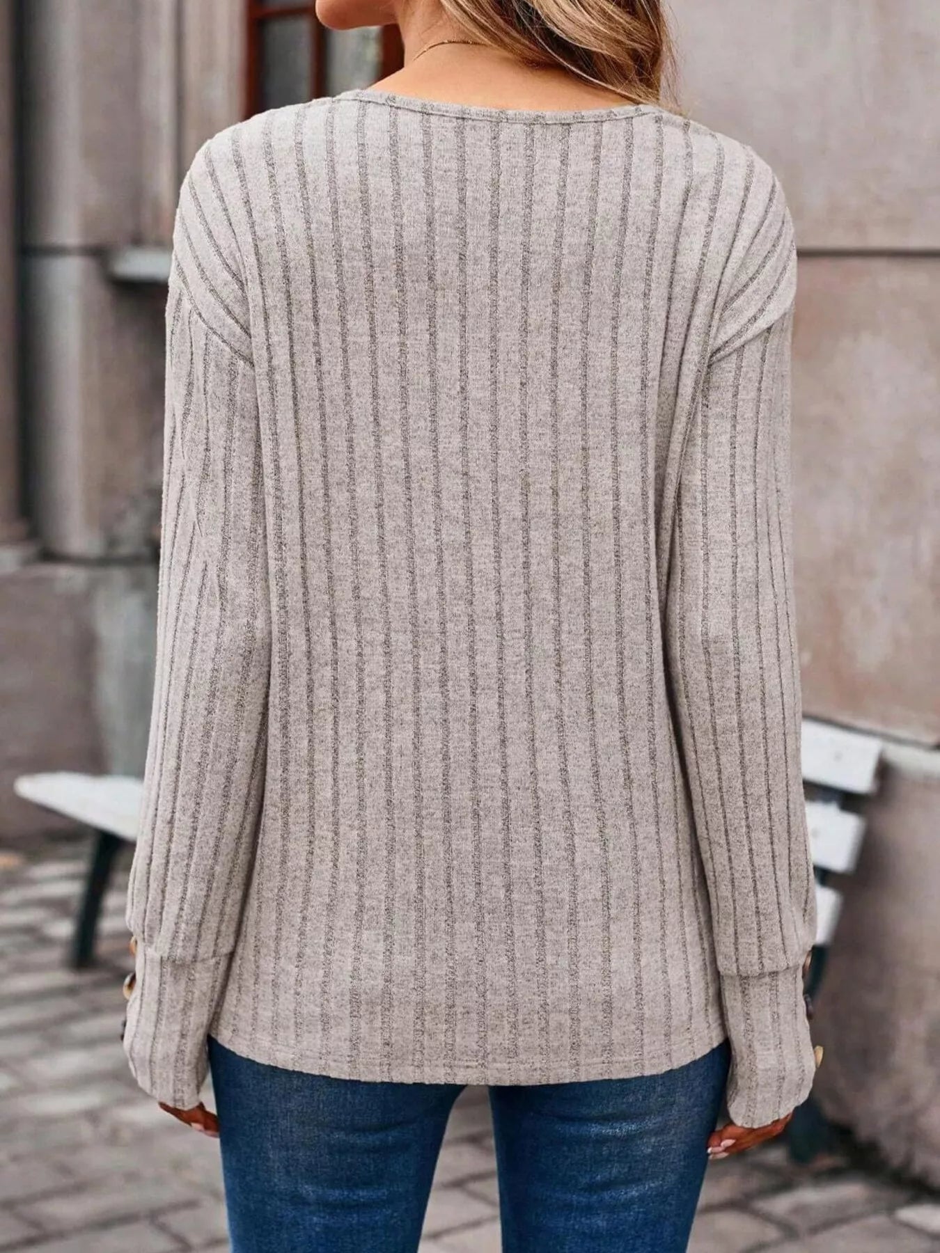Ribbed V - Neck Long Sleeve Top - ELC Fashion