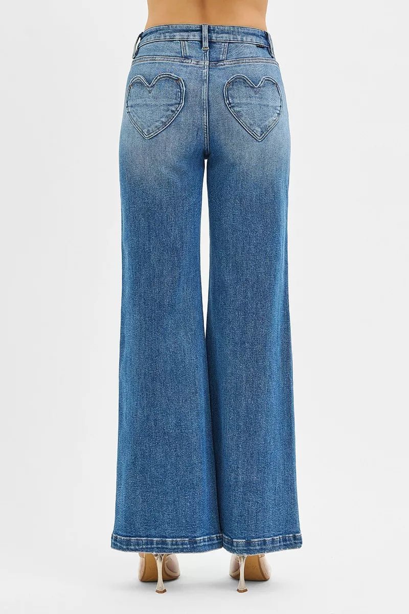 RISEN High Rise Wide Leg Jenas with Front Yoke and Heart Back Pocket - ELC Fashion