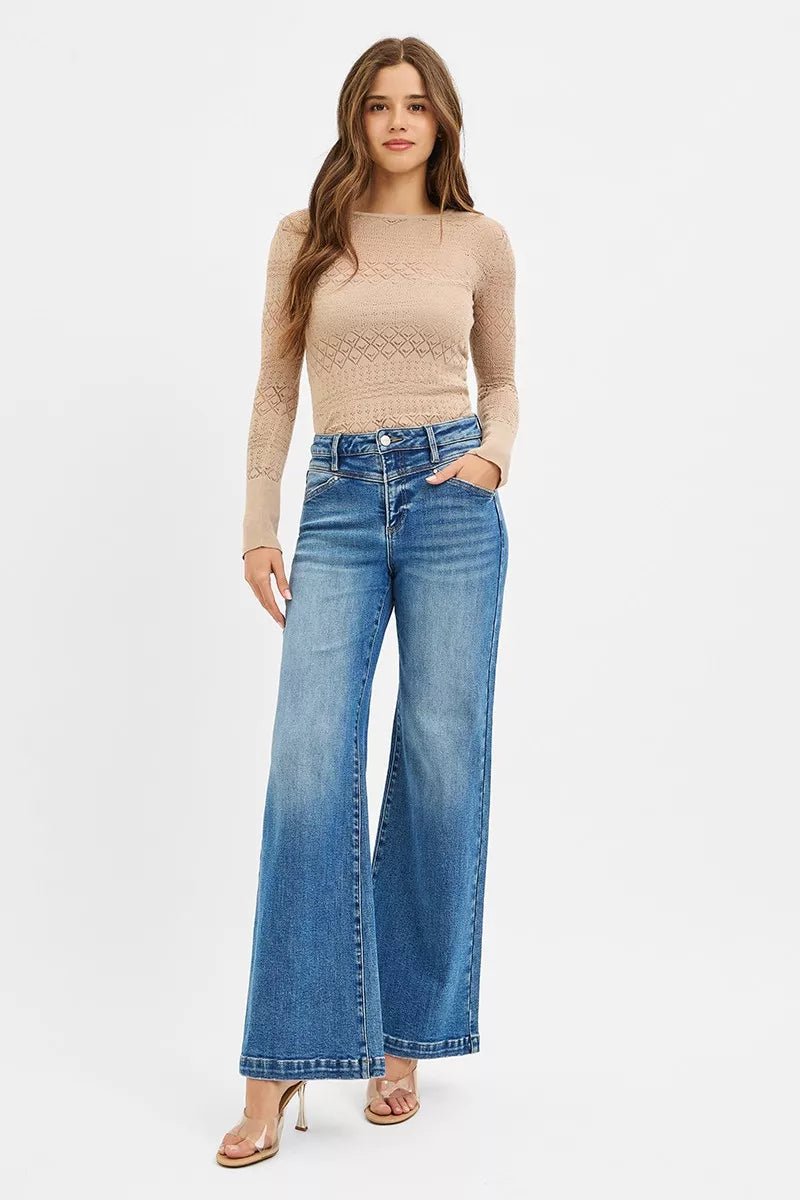 RISEN High Rise Wide Leg Jenas with Front Yoke and Heart Back Pocket - ELC Fashion