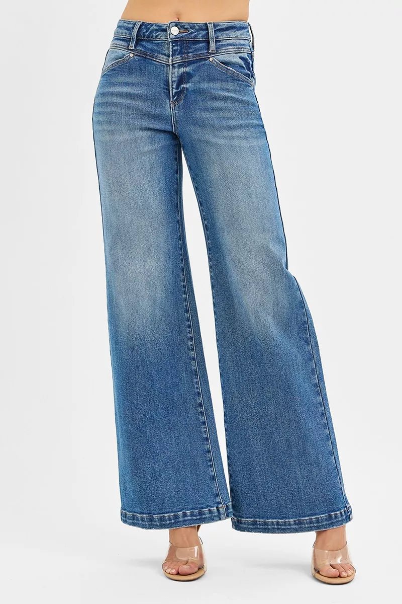 RISEN High Rise Wide Leg Jenas with Front Yoke and Heart Back Pocket - ELC Fashion