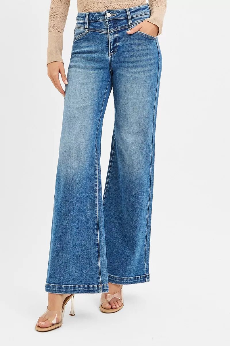 RISEN High Rise Wide Leg Jenas with Front Yoke and Heart Back Pocket - ELC Fashion