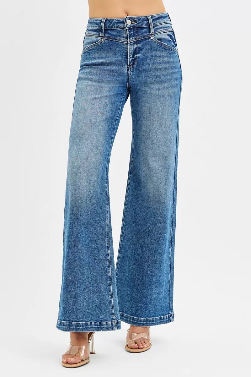 RISEN High Rise Wide Leg Jenas with Front Yoke and Heart Back Pocket - ELC Fashion