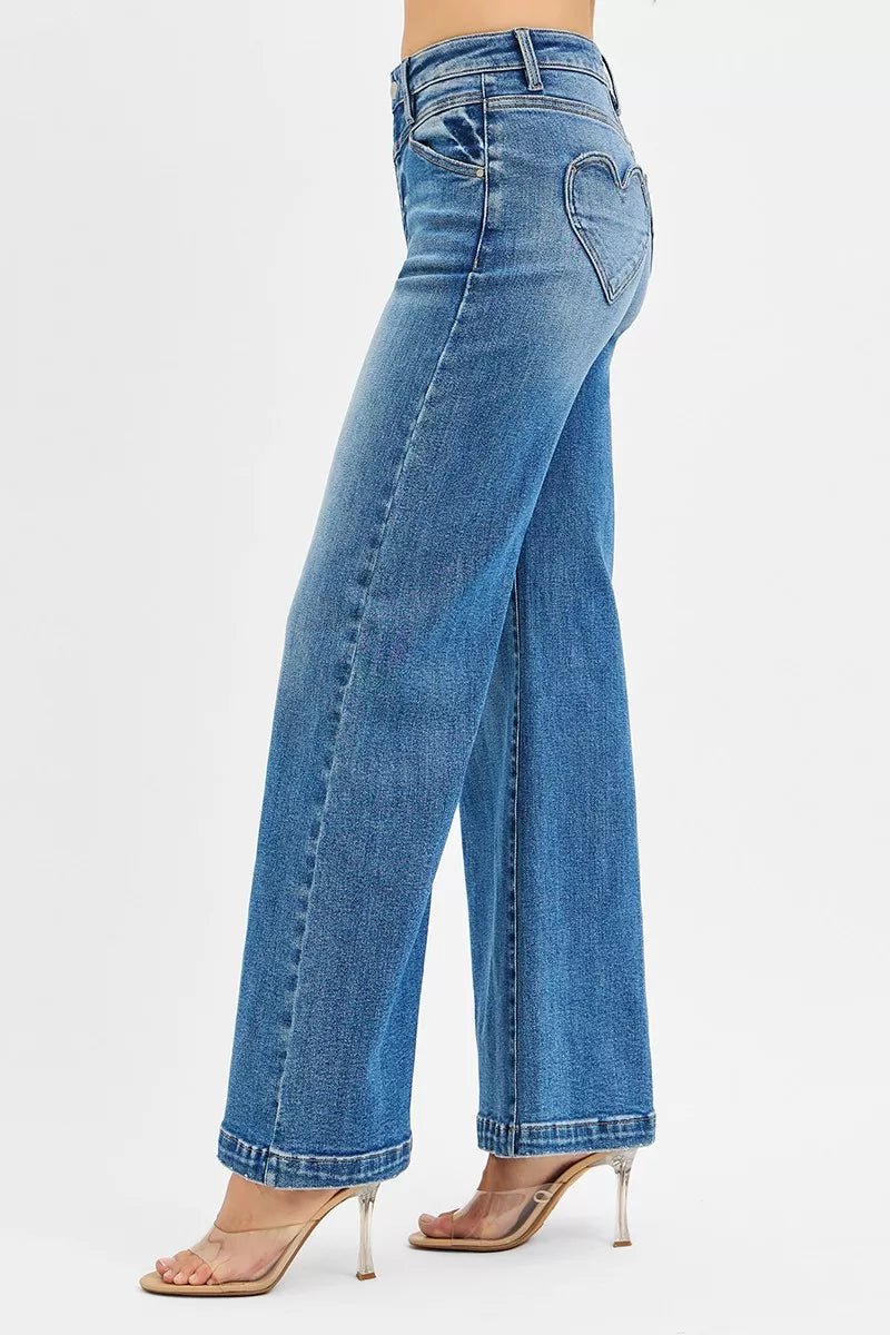 RISEN High Rise Wide Leg Jenas with Front Yoke and Heart Back Pocket - ELC Fashion