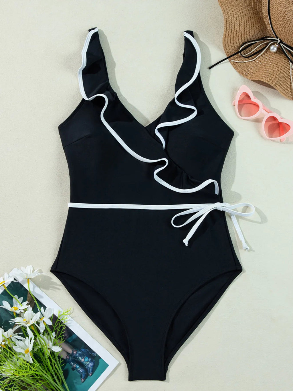 Ruffle Trim V - Neck One - Piece Swimsuit - ELC Fashion