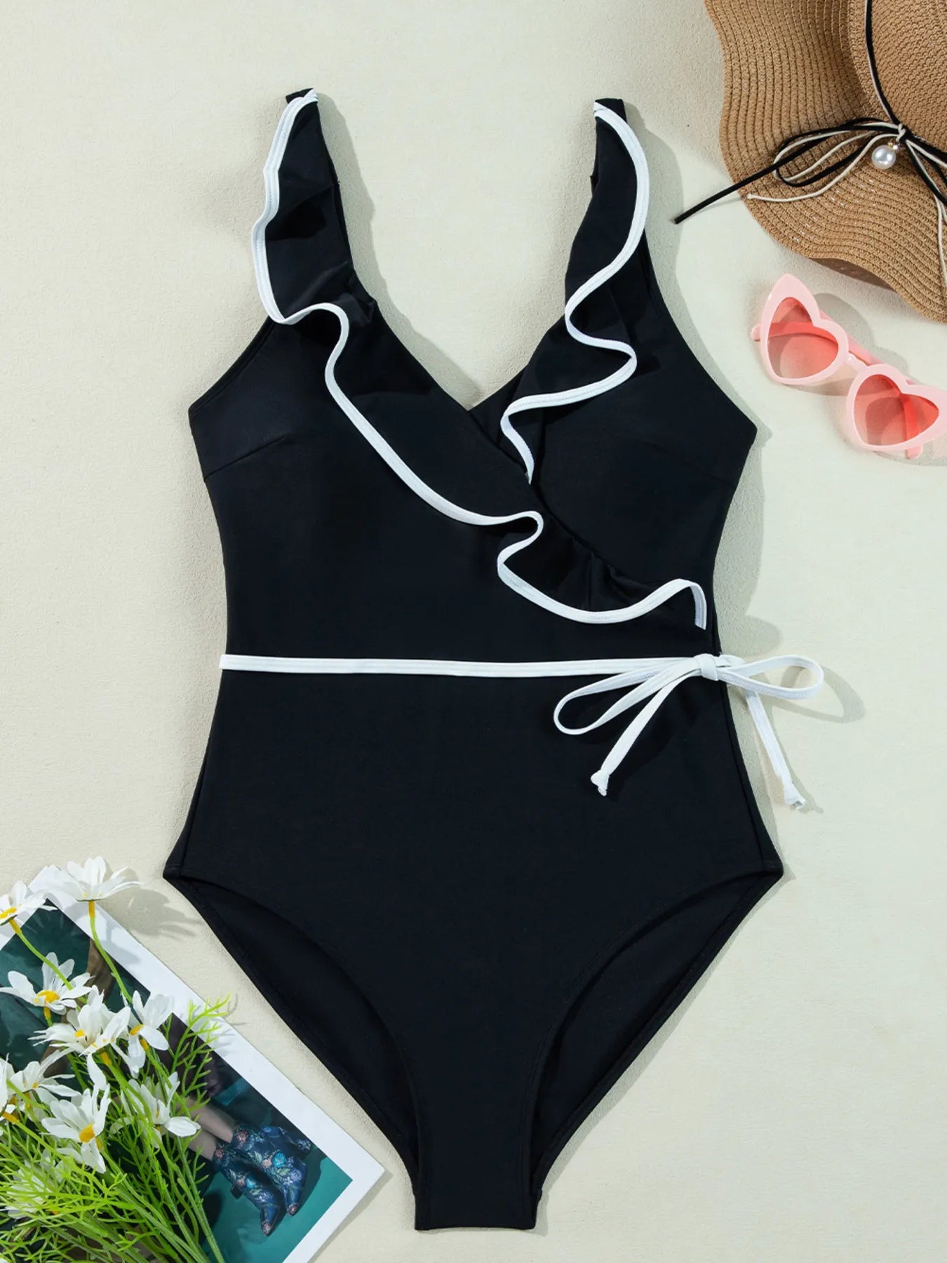 Ruffle Trim V - Neck One - Piece Swimsuit - ELC Fashion