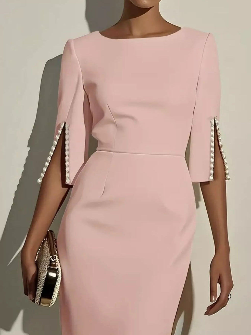Slim - Fit Elegant Midi Dress with Beaded Slit Sleeve - ELC Fashion