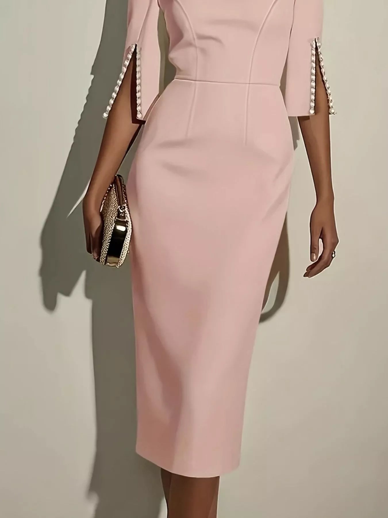 Slim - Fit Elegant Midi Dress with Beaded Slit Sleeve - ELC Fashion