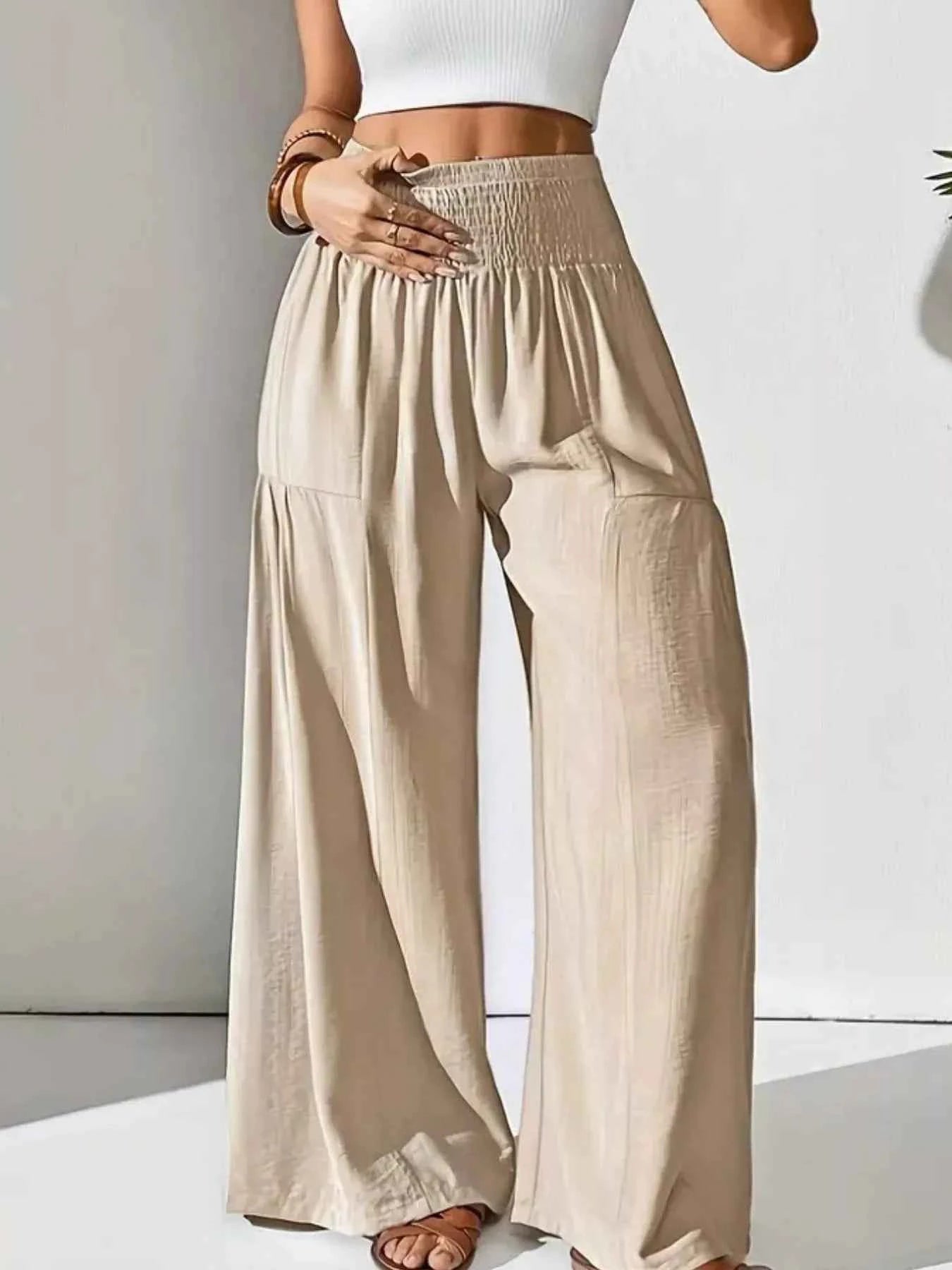Smocked Waist Wide Leg Pants - ELC Fashion