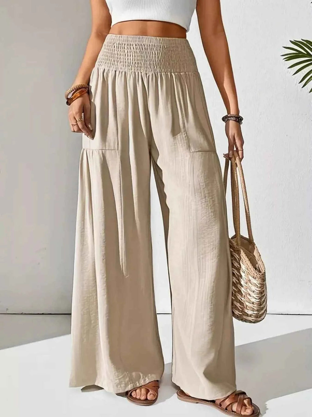 Smocked Waist Wide Leg Pants - ELC Fashion