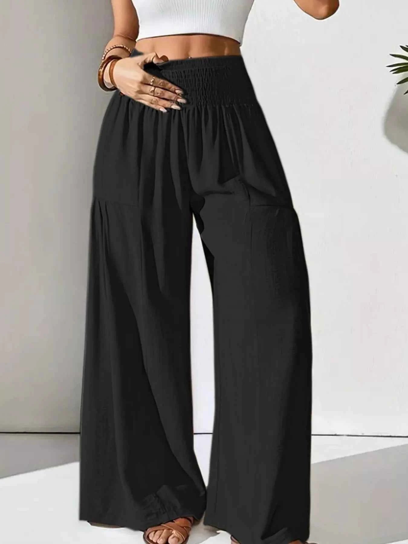 Smocked Waist Wide Leg Pants - ELC Fashion