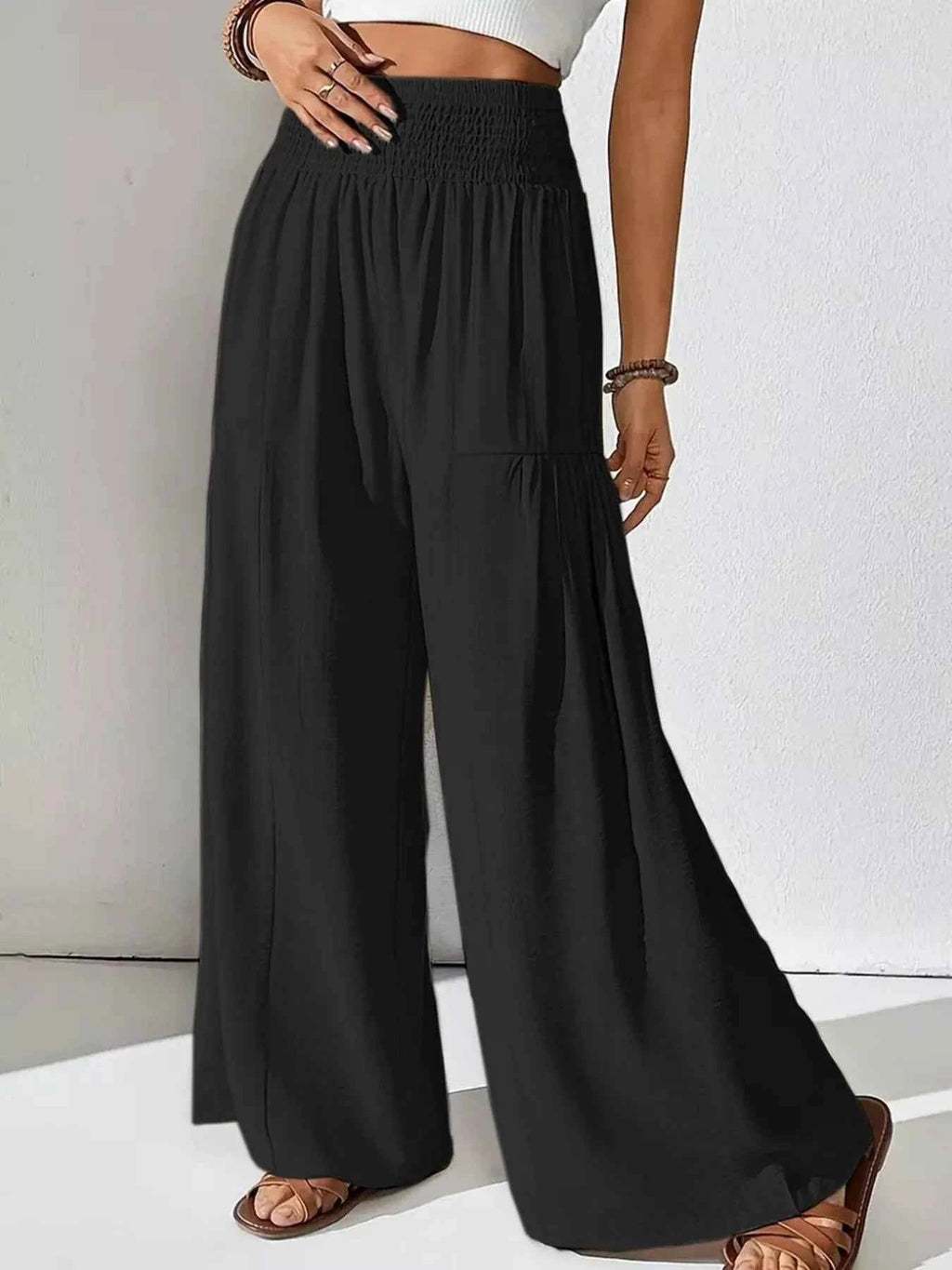 Smocked Waist Wide Leg Pants - ELC Fashion