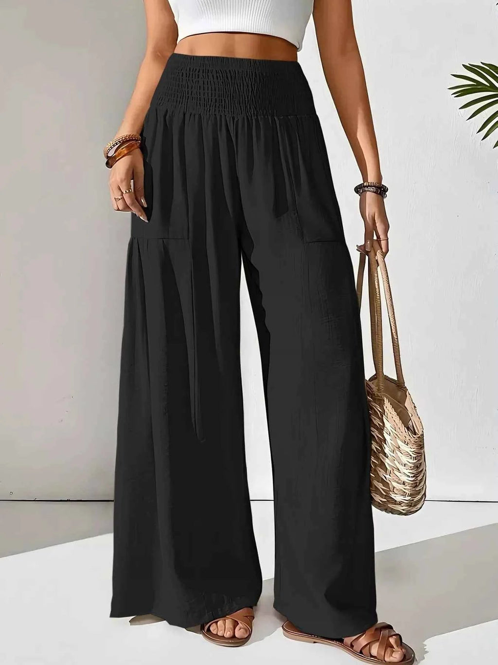 Smocked Waist Wide Leg Pants - ELC Fashion
