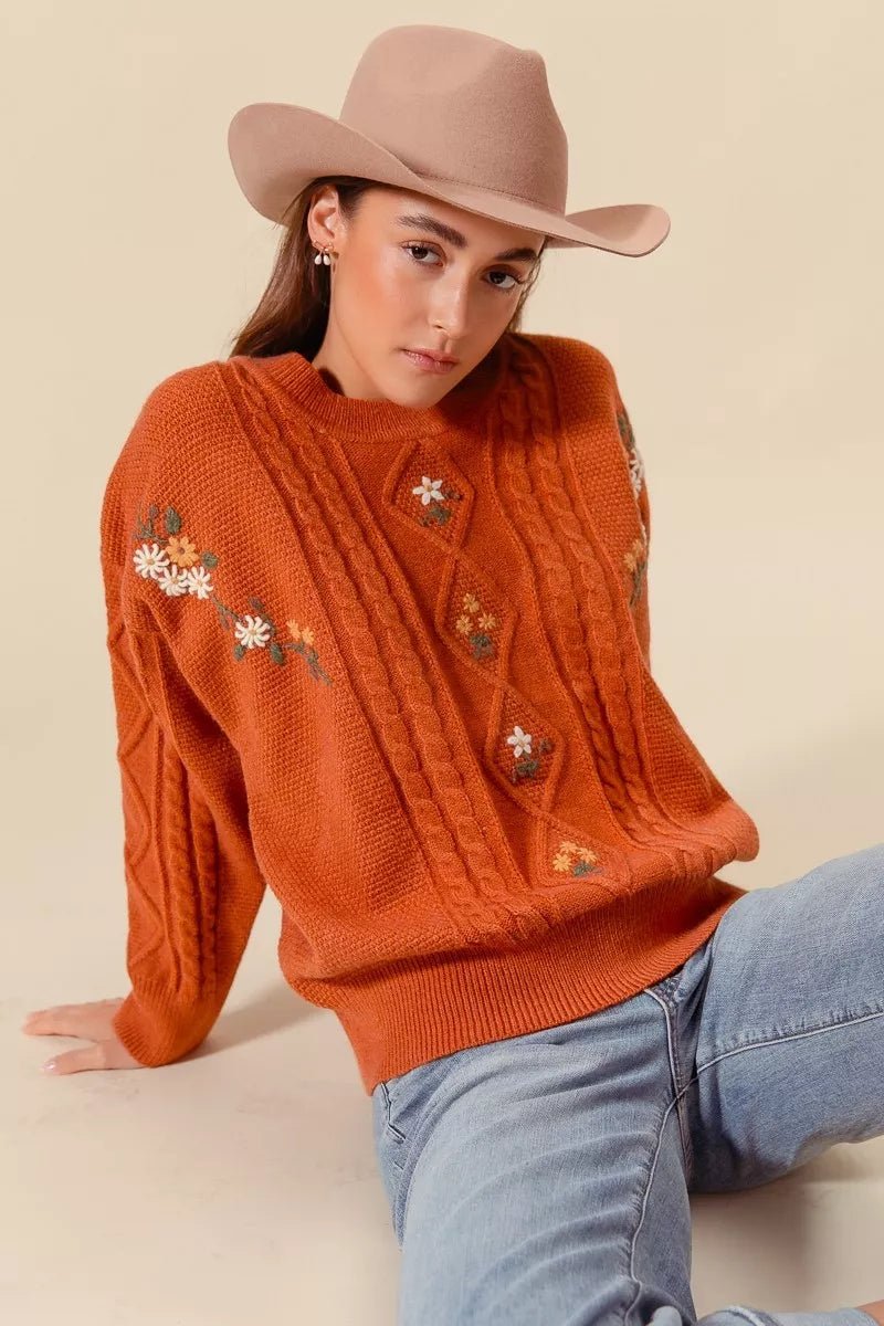 SO ME Embroidered Flower Cable Knitted Sweater - ELC Fashion