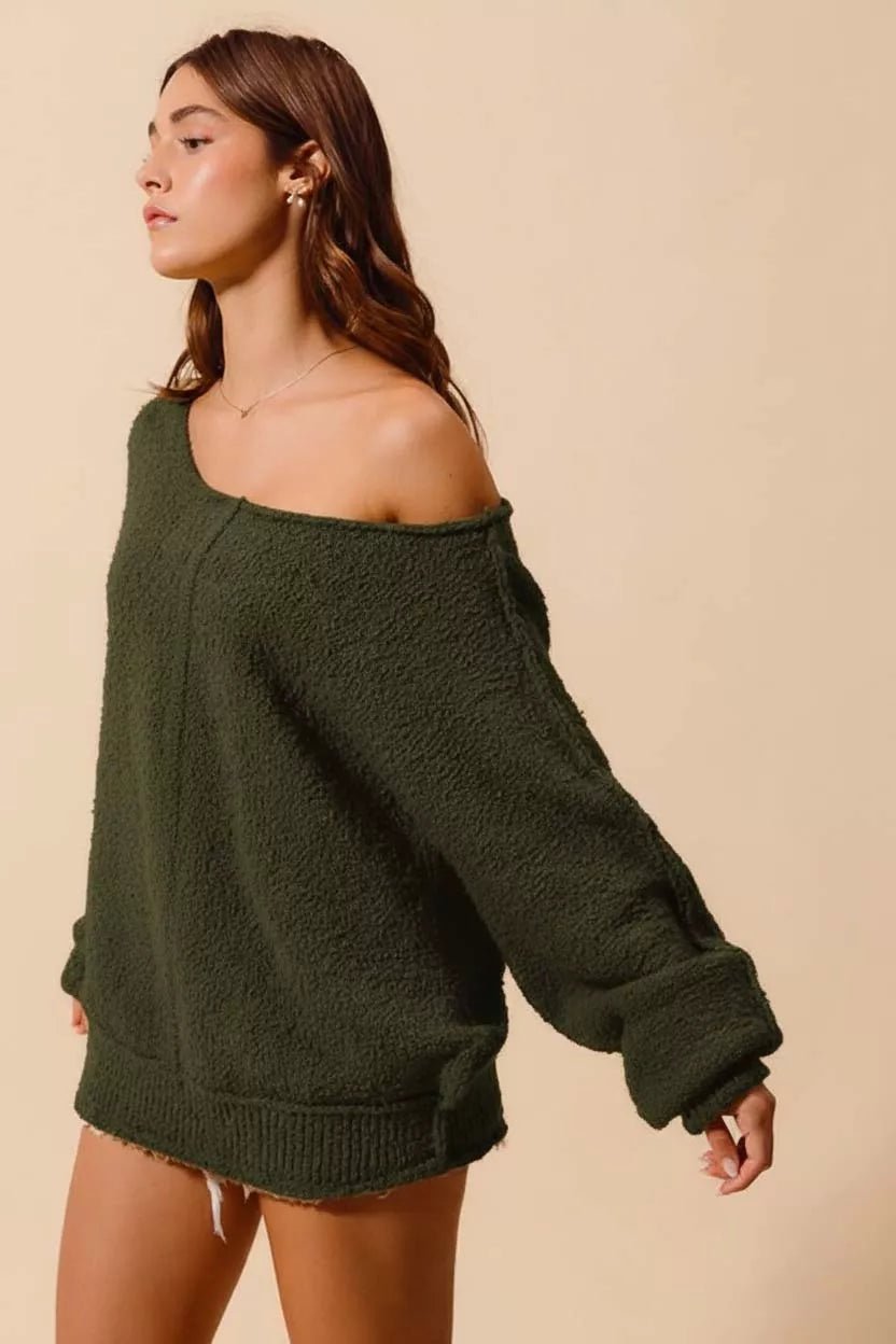 SO ME Loose Fit Exposed Seam Slouchy Boucle Sweater - ELC Fashion