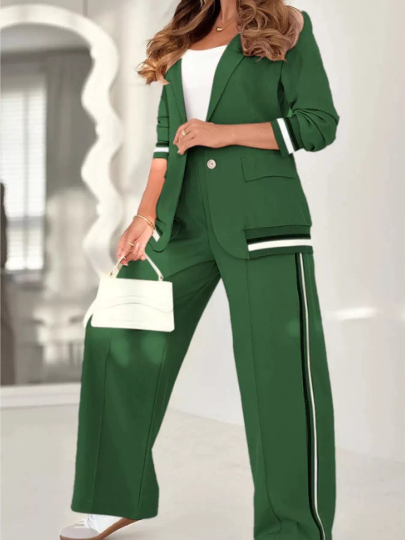 Striped Trim Button Down Jacket and Pants Set - ELC Fashion