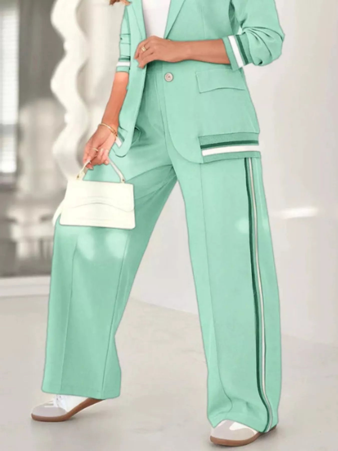 Striped Trim Button Down Jacket and Pants Set - ELC Fashion