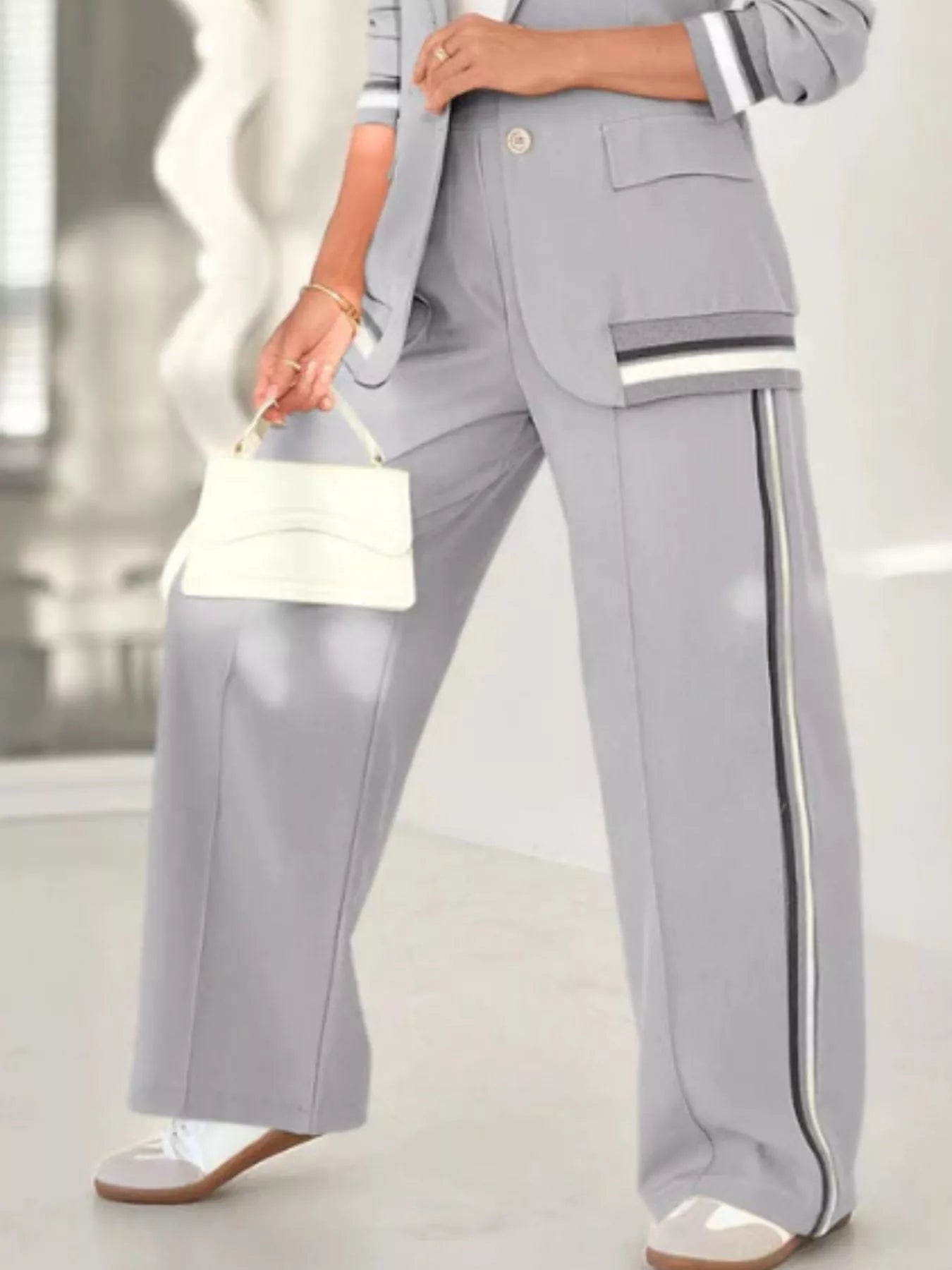 Striped Trim Button Down Jacket and Pants Set - ELC Fashion