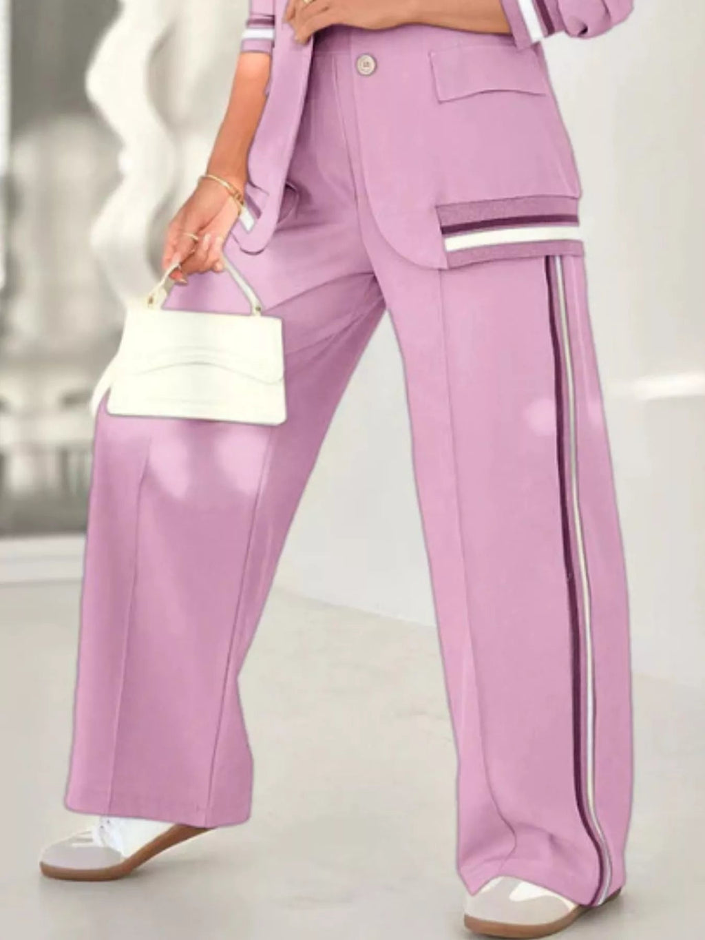 Striped Trim Button Down Jacket and Pants Set - ELC Fashion
