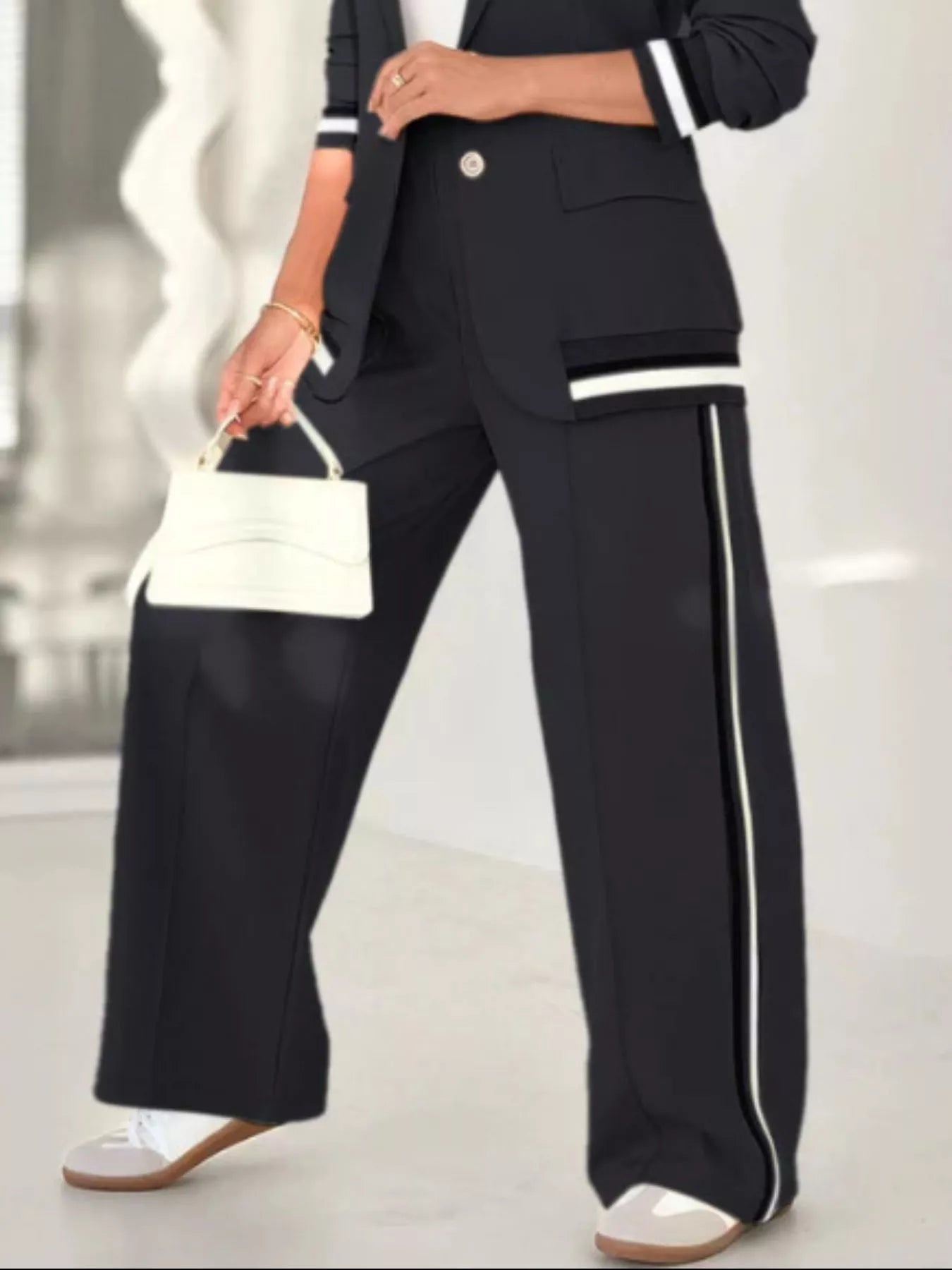 Striped Trim Button Down Jacket and Pants Set - ELC Fashion