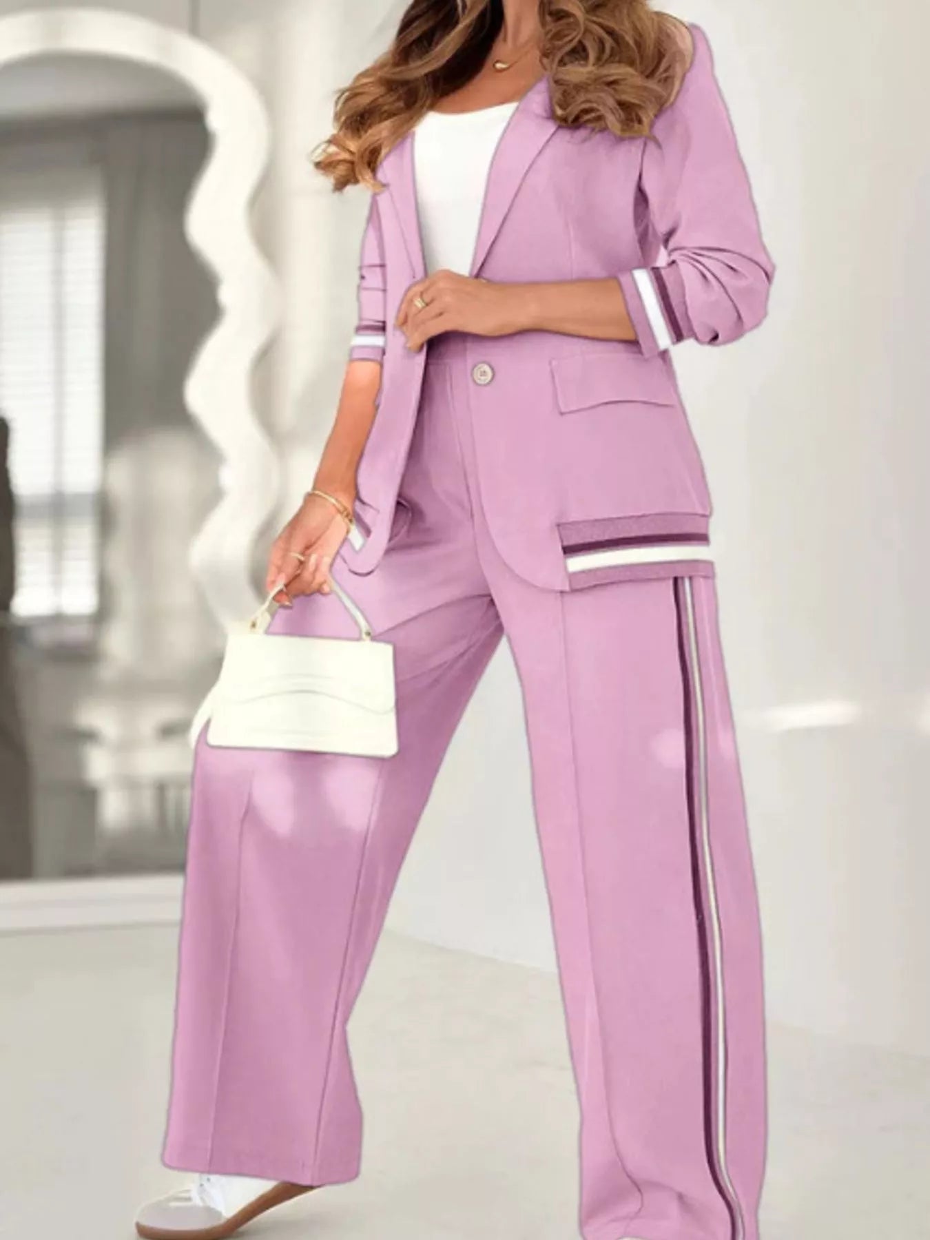 Striped Trim Button Down Jacket and Pants Set - ELC Fashion