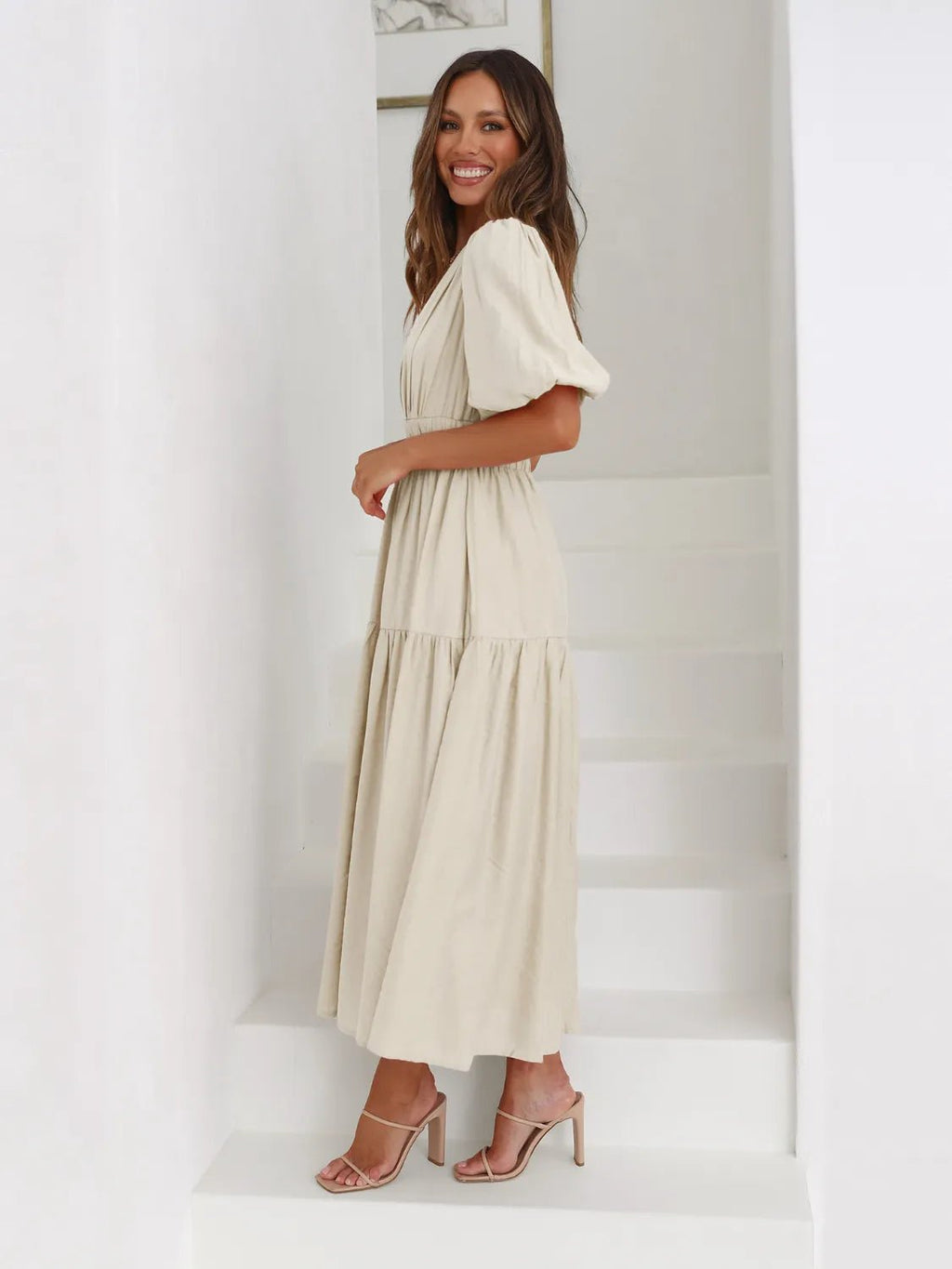 Tiered Surplice Half Sleeve Midi Dress - ELC Fashion