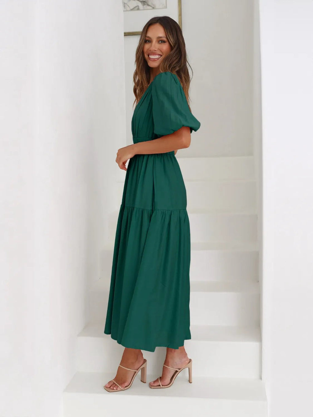 Tiered Surplice Half Sleeve Midi Dress - ELC Fashion