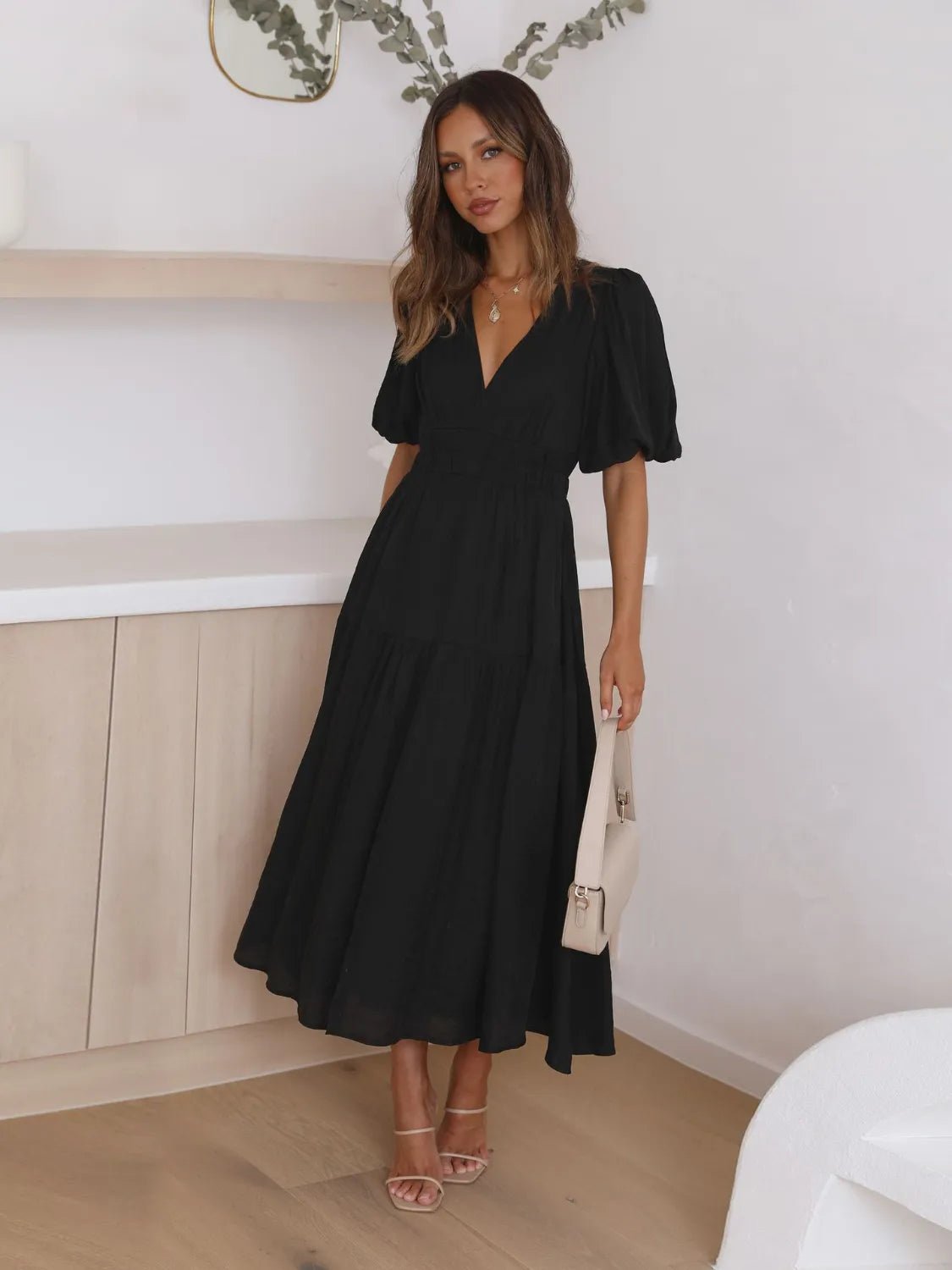 Tiered Surplice Half Sleeve Midi Dress - ELC Fashion