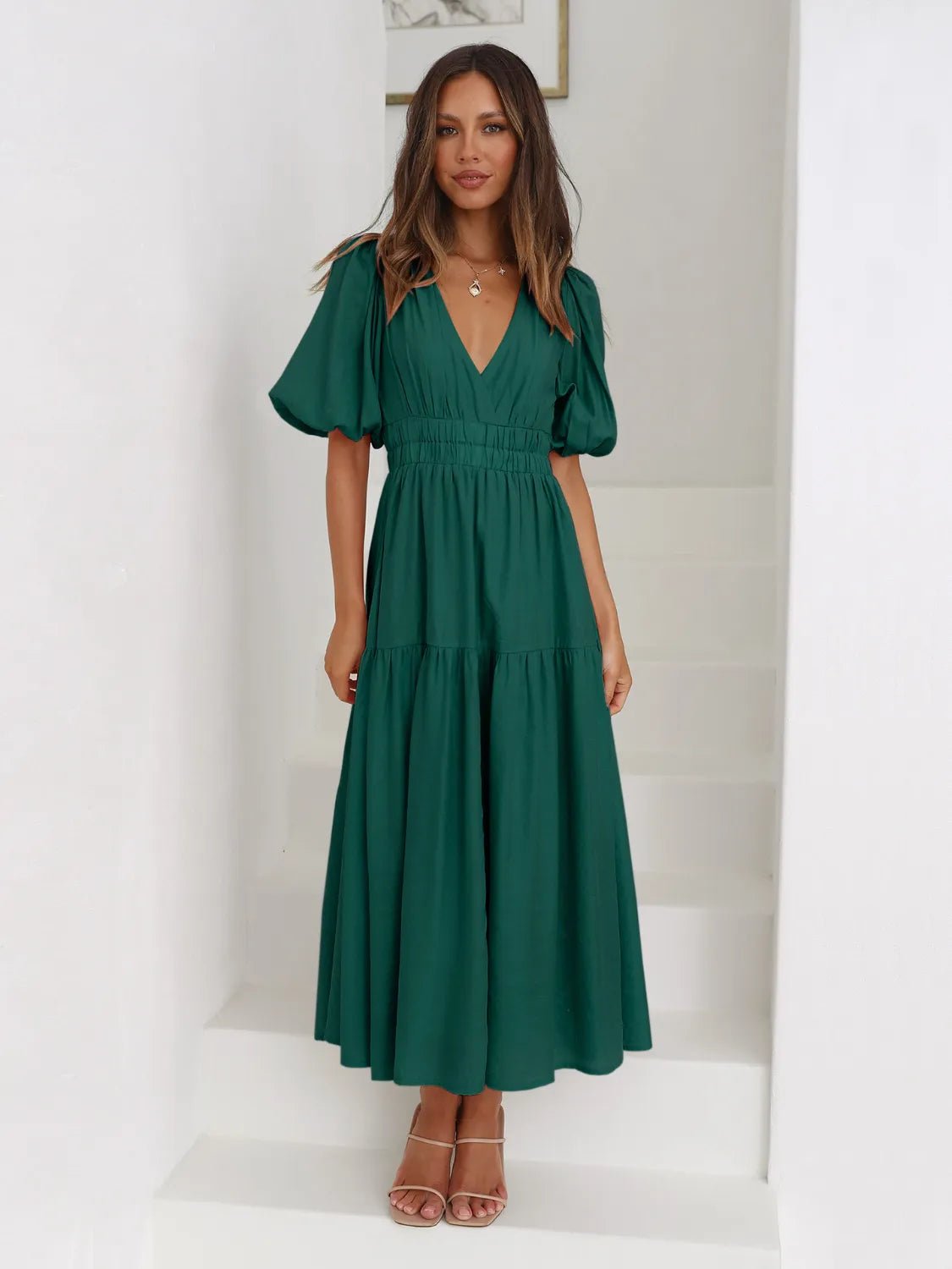 Tiered Surplice Half Sleeve Midi Dress - ELC Fashion