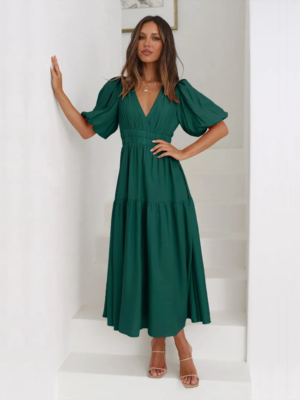 Tiered Surplice Half Sleeve Midi Dress - ELC Fashion