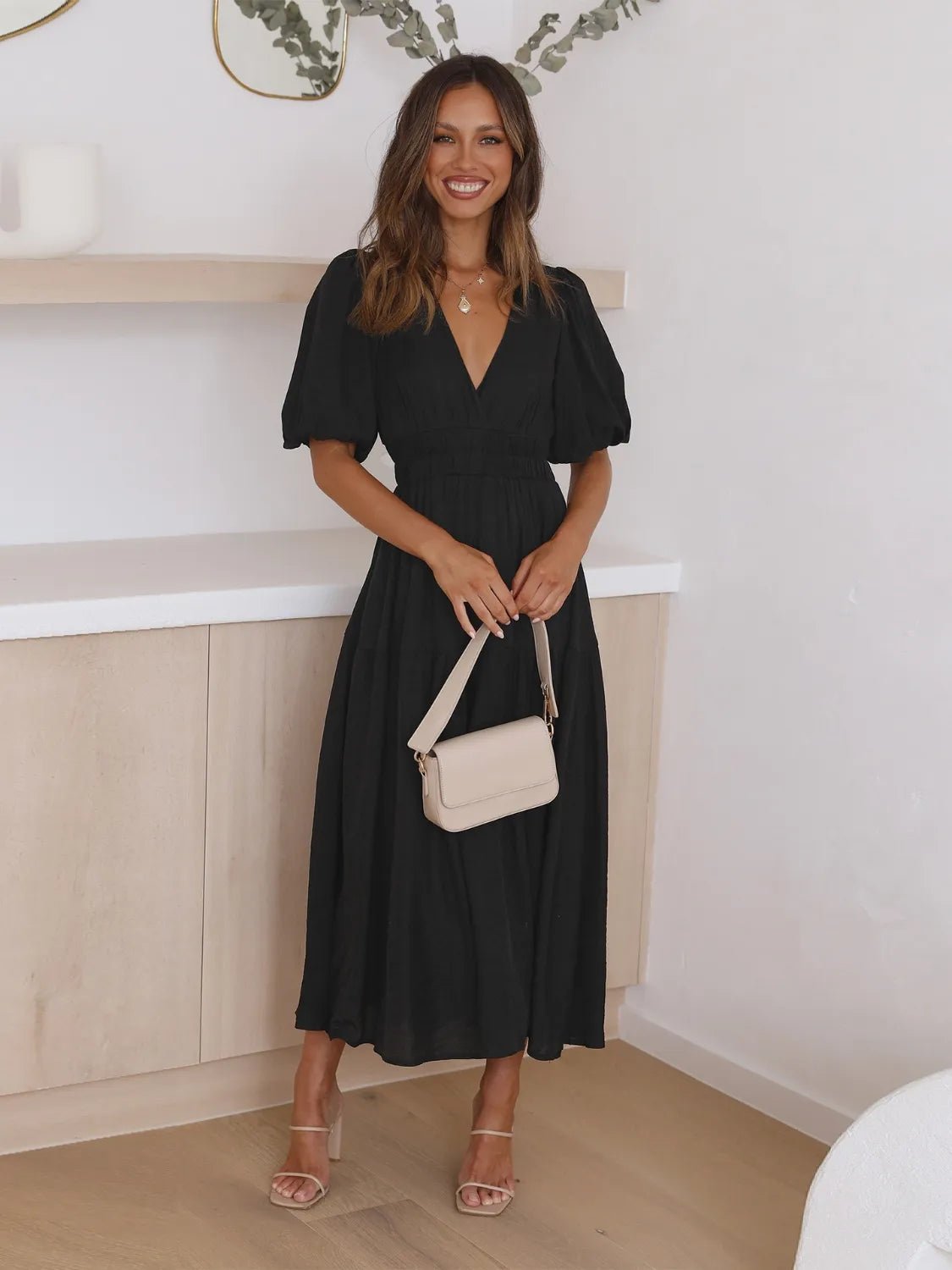 Tiered Surplice Half Sleeve Midi Dress - ELC Fashion