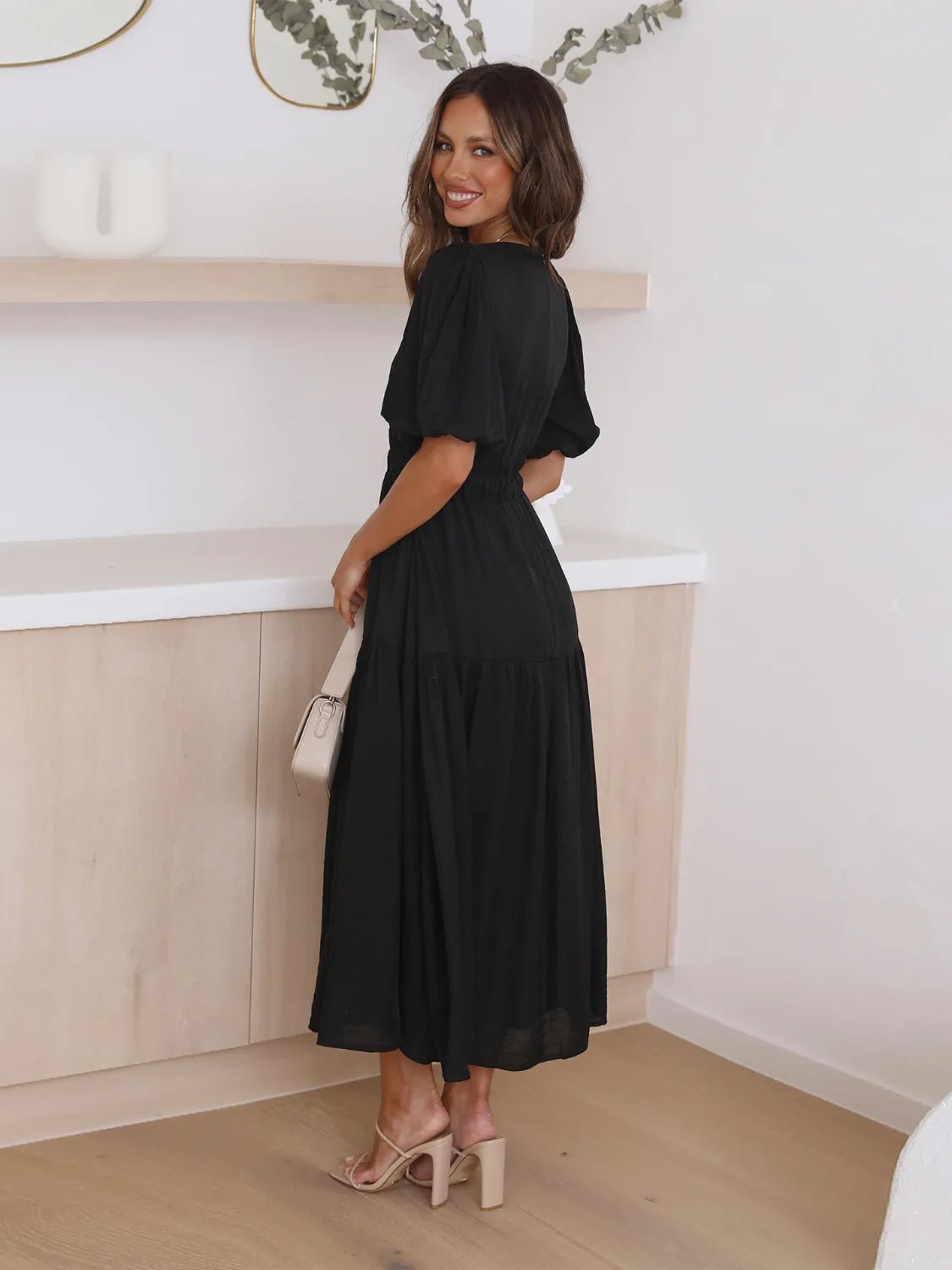 Tiered Surplice Half Sleeve Midi Dress - ELC Fashion